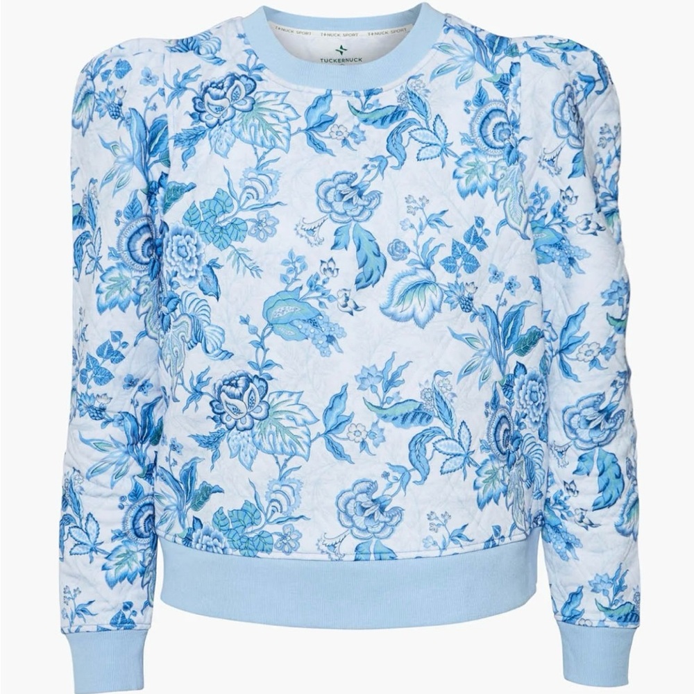 Tuckernuck Sport Heirloom Floral Puff Sleeve Blue & White Chinoiserie Pullover